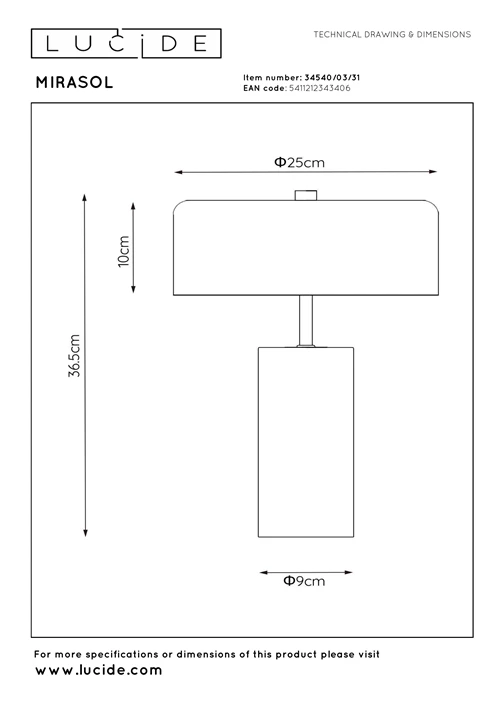 Lucide MIRASOL - Lampe de table - Ø 25 cm - 3xG9 - Blanc - technique